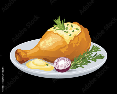 Perfectly Roasted Chicken Drumstick or Thigh Seasoned with Herbs, Served on a Plate with Onion and Fresh Garnish - Vector Illustration