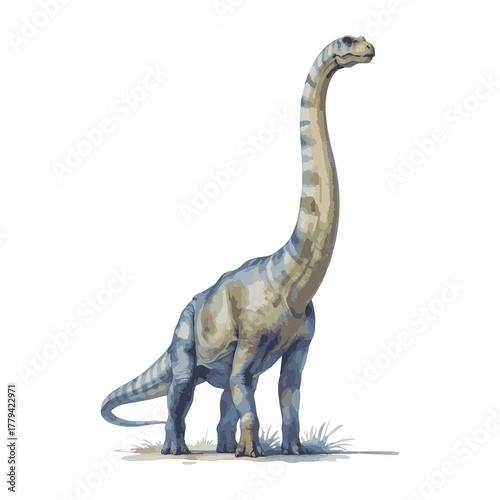 Majestic brachiosaurus dinosaur with long neck and tail standing in a prehistoric landscape illustration