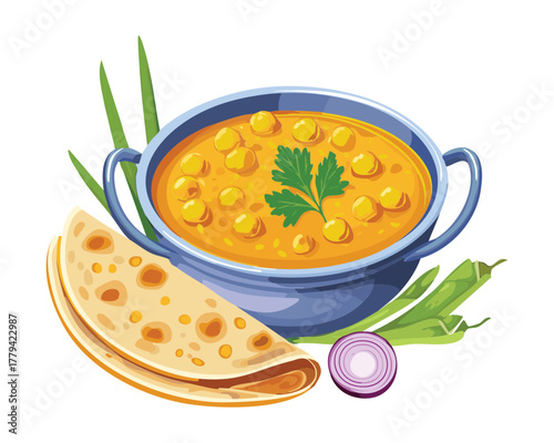 Comforting Bowl of Hot Yellow Daal (Lentil Soup) with Chopped Onions, Herbs, and Whole Wheat Roti or Paratha - Vector Illustration