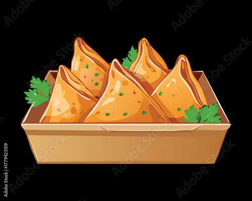 Stack of Golden Brown Samosas in a Wooden Platter Garnished with Fresh Cilantro Leaves - Vector Illustration