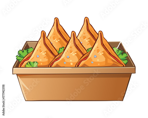 Graphic illustration showing a larger volume of traditional triangular savory samosas piled high in a simple brown wooden container or display basket - Vector Illustration
