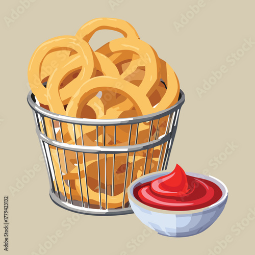 Pile of crispy golden deep-fried battered onion rings stacked high in a wire metal basket with a side bowl of rich dipping ketchup sauce - Vector Illustration