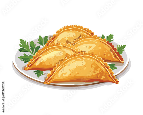 golden fried empanadas served attractively on a white plate, garnished with fresh parsley and ready to enjoy as a flavorful appetizer - Vector Illustration