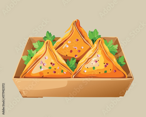 Arrangement of traditional Indian savory triangular samosas displayed neatly in a rustic wooden tray or box, ready to be served hot - Vector Illustration