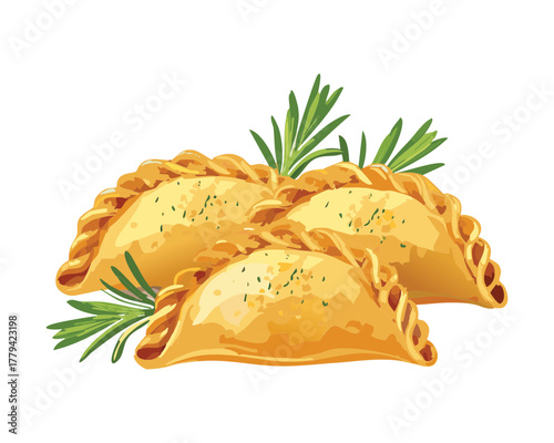 Delicious golden brown crescent-shaped empanadas or turnovers filled with savory stuffing, lightly dusted with herbs and seasoning for a meal - Vector Illustration