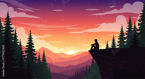 Silhouette of a person sitting on a cliff edge at sunset, surrounded by trees.