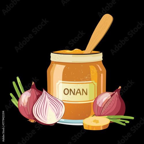Traditional onion condiment or relish labeled in a glass jar, next to raw garlic and onions, ready for cooking - Vector Illustration