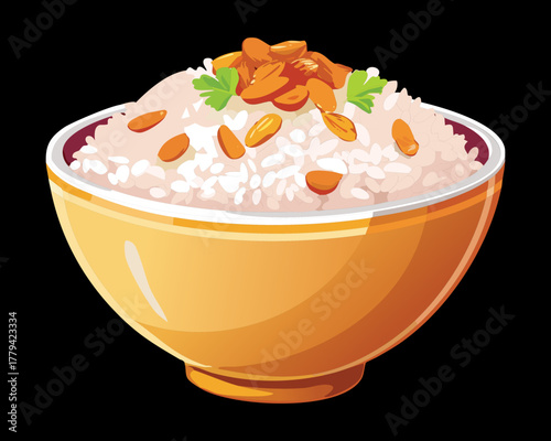 Heaping bowl of white rice mixed with raisins and slivered almonds, a festive and sweet savory side dish or dessert - Vector Illustration