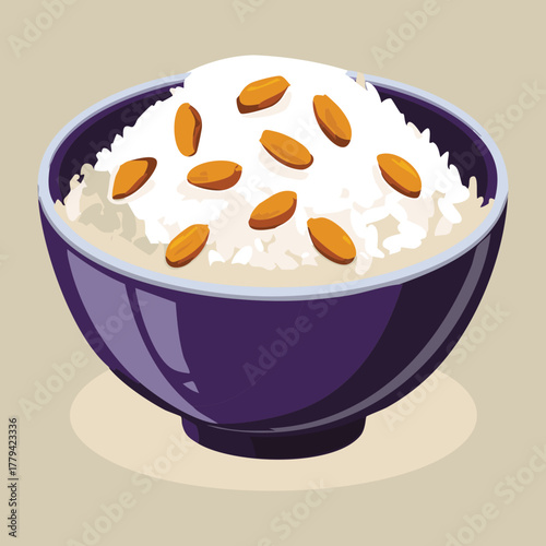 Fluffy white rice in a deep purple bowl, garnished with toasted sliced almonds, a classic, comforting side dish or base - Vector Illustration