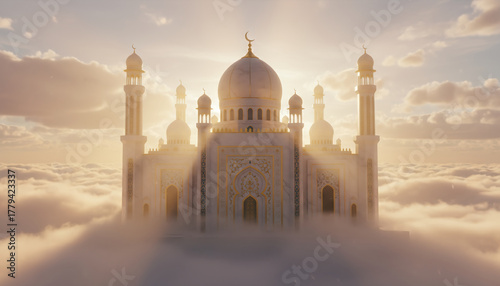 A majestic golden-domed mosque rises above the clouds, glowing in the warm light of sunrise.	
