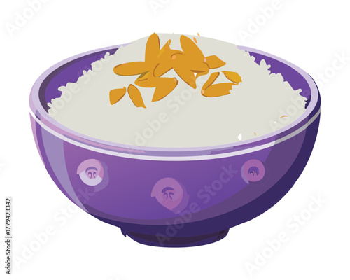 Bowl of fluffy white rice topped with crispy golden fried onions or garlic flakes, a perfect side dish for any meal - Vector Illustration