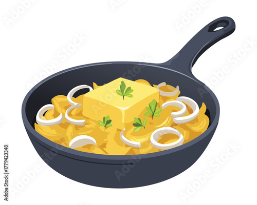 Savory cooked onions and butter sizzling in a black cast iron skillet, a simple yet delicious side dish or topping preparation - Vector Illustration