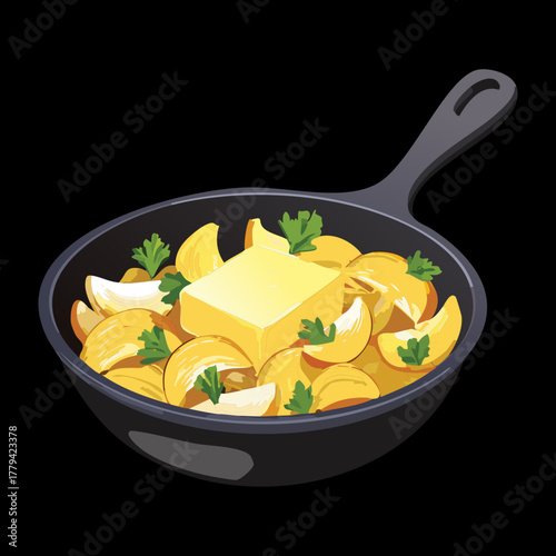 Sauteed sliced mushrooms with melted butter in a dark cast iron skillet or frying pan on a black background - Vector Illustration