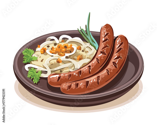 Plate of grilled sausages and savory mashed potatoes, topped with caramelized onions and a sprig of rosemary, for a rustic meal - Vector Illustration