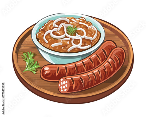 Two perfectly grilled sausages, served with a generous dollop of creamy baked beans, highlighting a hearty classic comfort meal - Vector Illustration