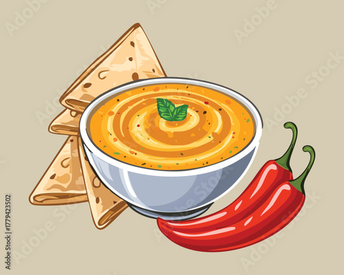 Bowl of creamy cheese dip or sauce, spiced up with red chili pepper and served with crispy crackers or flatbread for dipping - Vector Illustration