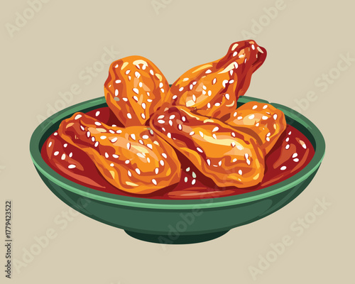 Serving of succulent, sticky glazed chicken wings, beautifully presented in a deep dish with a rich, savory red sauce at the bottom - Vector Illustration