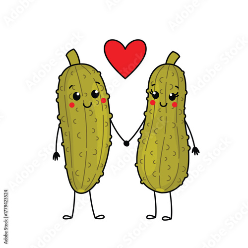 Pickles couple in love. Cute pickled cucumbers characters holding hands. Funny vegetables characters design. Food vector illustration