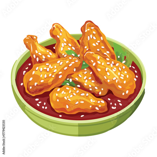 Plate of glazed fried chicken wings, liberally sprinkled with sesame seeds, presenting a popular and irresistible savory appetizer - Vector Illustration