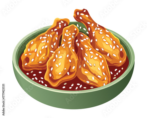 Crispy chicken wings coated in a sweet and sticky glaze, garnished with sesame seeds and fresh herbs, served in a round green bowl - Vector Illustration