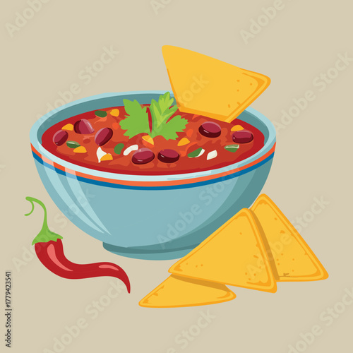 Deep serving bowl of thick, comforting chili con carne, accompanied by corn chips for dipping and spicy red chili pepper elements - Vector Illustration