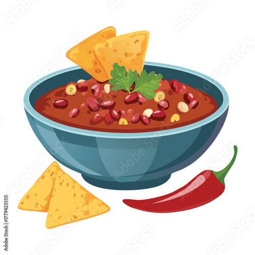 Hearty bowl of traditional chili, featuring ground meat and beans, topped with triangular tortilla chips and fiery red peppers - Vector Illustration