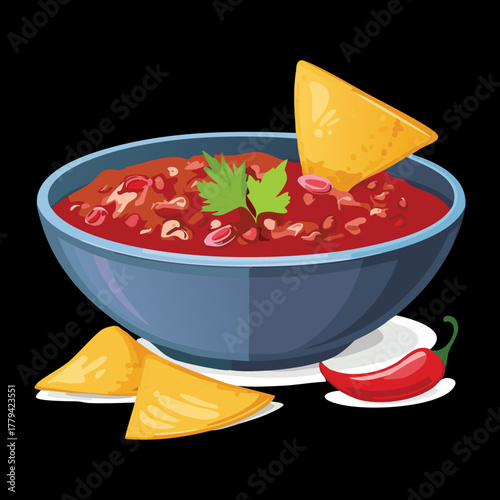 A dark bowl filled with hearty chili con carne, garnished with corn chips, and a few red chili peppers for an extra spicy kick - Vector Illustration