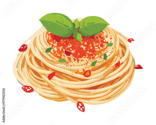 Classic serving of spaghetti noodles with a vibrant red marinara sauce and a fresh basil sprig, highlighting traditional Italian comfort food - Vector Illustration