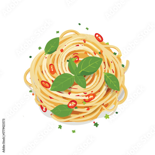 Plate of Italian spaghetti pasta, tossed with fresh pesto or herbs and olive oil, a simple, classic, and light meal option - Vector Illustration