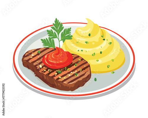 A perfectly seared steak slice, topped with a grilled tomato and herb garnish, accompanied by a scoop of creamy mashed potatoes - Vector Illustration