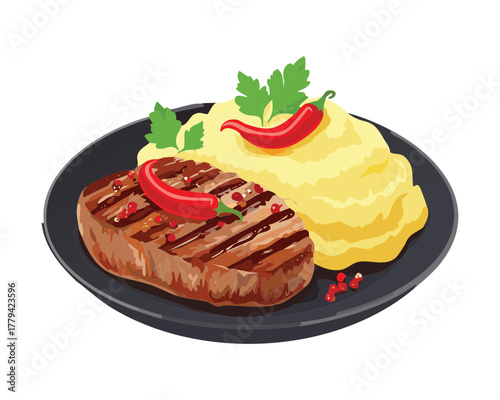 Hearty meal of a grilled sirloin steak placed on creamy mashed potatoes, garnished with fresh herbs, ready to be enjoyed - Vector Illustration