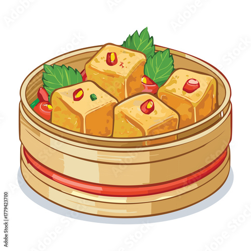 Steamed cubes of fresh tofu (bean curd), delicately arranged in a traditional bamboo steamer basket, a healthy Asian cuisine staple - Vector Illustration