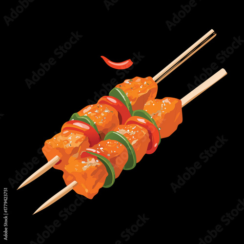 skewer loaded with savory meat or vegetable pieces, possibly featuring chili seasoning, emphasizing a hot and spicy grilled snack - Vector Illustration