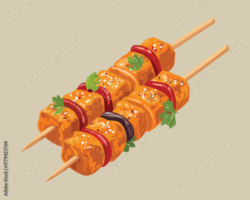 Grilled chicken or meat skewers (shish kebab/satay) marinated in a rich, orange-colored sauce, a popular and flavorful street food - Vector Illustration