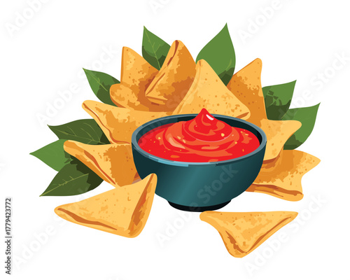 A generous serving of tortilla chips (nachos) with a bowl of savory dipping sauce, garnished with fresh cilantro and lime wedges - Vector Illustration