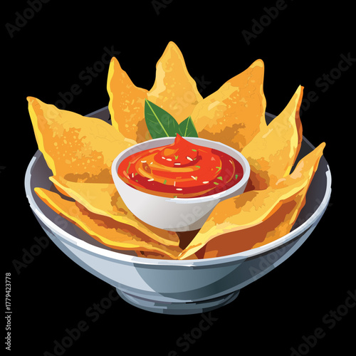 Delicious triangular tortilla chips (nachos) surrounding a central bowl of zesty red salsa dip, perfect for sharing at a gathering - Vector Illustration