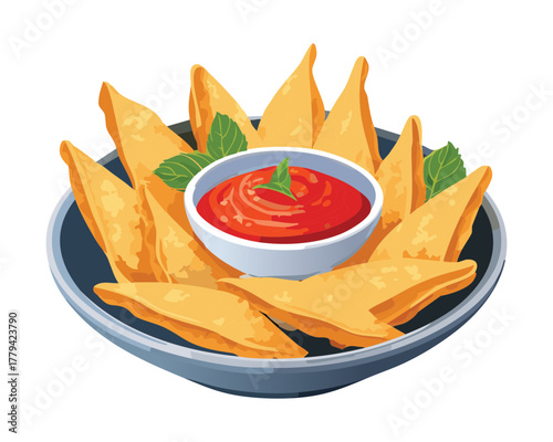 Crispy corn tortilla chips (nachos) arranged around a dipping bowl of rich, thick tomato salsa, a classic Tex-Mex party snack - Vector Illustration