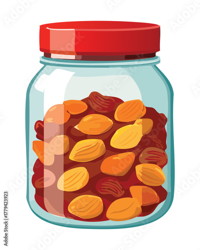 Large glass jar filled to the brim with vibrant, reddish-orange kidney beans, highlighting a nutritious and versatile pantry staple for home cooking - Vector Illustration