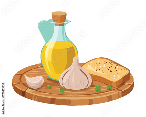 Simple arrangement of essential cooking elements: a glass bottle of olive oil, whole garlic cloves, and a piece of crusty rustic bread for dipping - Vector Illustration