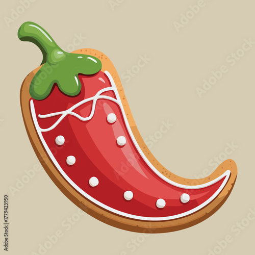 A festive and decorated red chili pepper, shaped like a playful cookie or ornament, symbolizing spice, heat, and bold flavors often found in holiday recipes - Vector Illustration