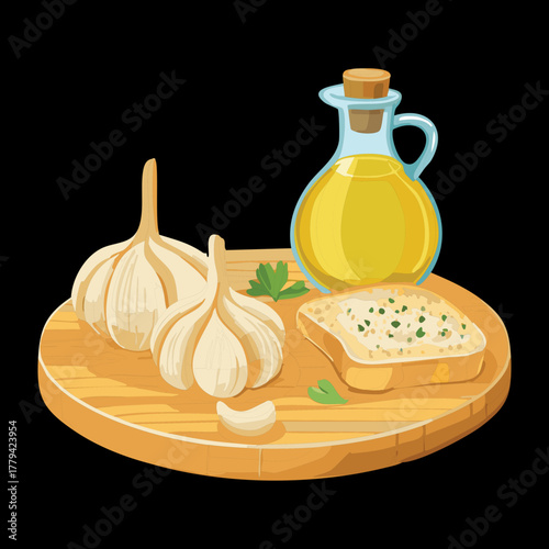 Still life arrangement of peeled garlic cloves, a wooden cutting board, and a bottle of high-quality olive oil, highlighting the basics of Mediterranean cooking - Vector Illustration