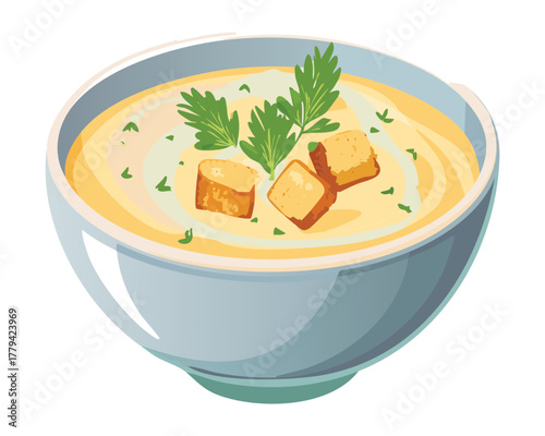 Hearty bowl of smooth, comforting creamy soup topped with crunchy golden croutons and a delicate sprinkle of chopped fresh parsley for garnish - Vector Illustration