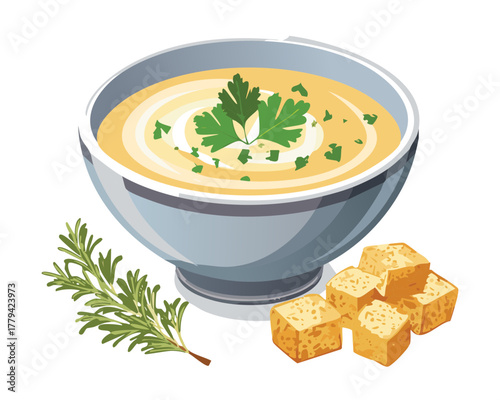 A rich, warm bowl of creamy vegetable soup, generously garnished with fresh rosemary sprigs and crispy croutons, perfect for a cozy winter meal - Vector Illustration