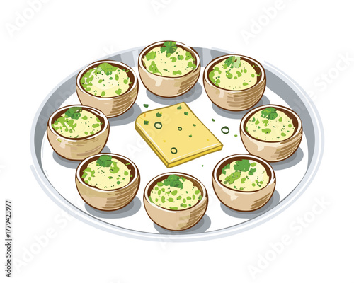 Gourmet selection of bite-sized savory canapés featuring creamy fillings, cheese cubes, and finely chopped herbs on mini toast rounds for an elegant reception - Vector Illustration