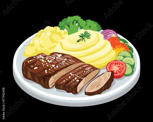 Savory grilled steak with mushrooms served alongside creamy mashed potatoes and steamed colorful vegetables on a white plate - Vector Illustration