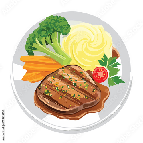 Grilled savory steak served with mashed potatoes, broccoli, and sliced carrots on a plate, representing a wholesome, balanced meal - Vector Illustration