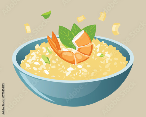 Fresh shrimp and creamy risotto or rice pilaf, served in a blue bowl with light garnish, ready for a delicious seafood meal - Vector Illustration