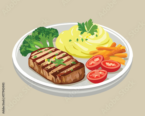 Classic grilled steak and mashed potatoes served with fresh steamed broccoli and cherry tomatoes for a balanced dinner - Vector Illustration
