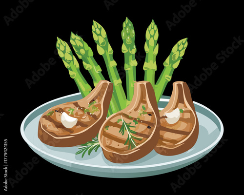 Three perfectly grilled lamb chops garnished with rosemary and tender asparagus on a white plate, showcasing a hearty protein meal - Vector Illustration