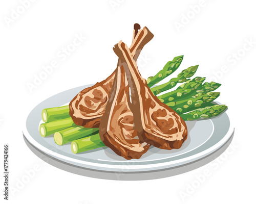 Pair of grilled lamb cutlets served with fresh green asparagus spears on a simple white plate, ready for a healthy meal - Vector Illustration